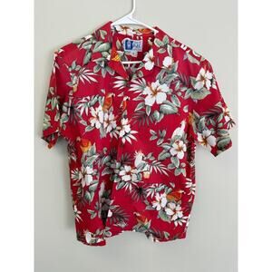 Vintage 80s RJC Hawaiian Shirt Button Up Red Floral Palm Leaves Men's Sz Large
